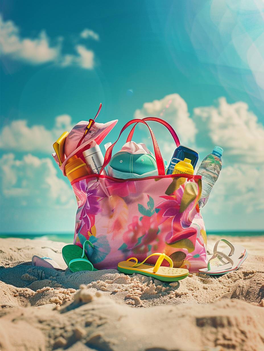 Advertising photograph, a bag on the beach, all the contents of the bag are floating out the top of the bag, suncream, flip flops, baseball cap, towel, water bottle, bright and poppy colors