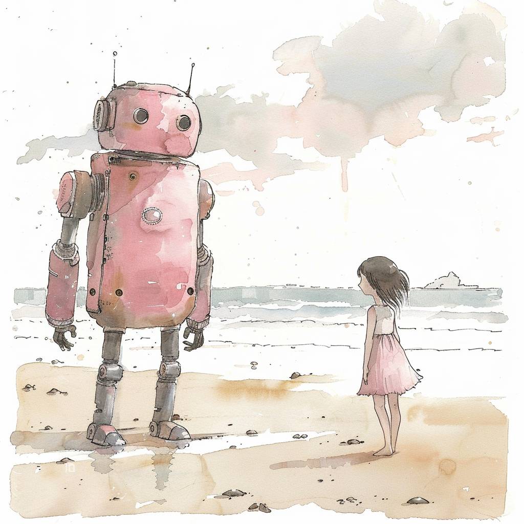 軽い水彩画、ビーチにいる少女とピンクのロボット、白い背景、細部が少なく、夢のあるスタジオジブリ作品。