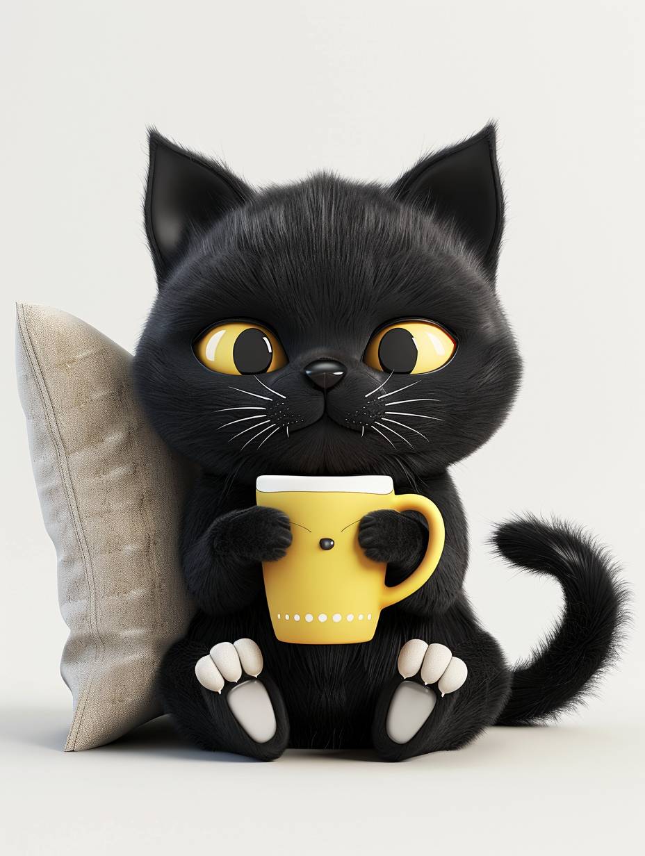Cute black cat sitting with his back against a throw pillow drinking coffee, cartoon character design and high resolution 3D rendering, cute with adorable expression, white paws holding a cup of coffee, yellow eyes, fluffy, black tail
