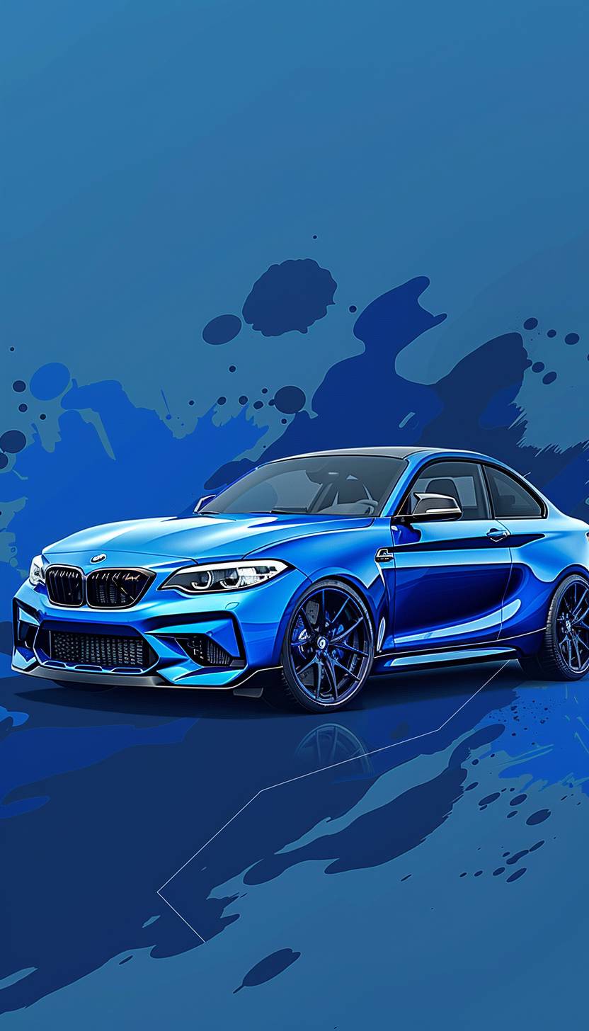 Create a bright royal blue background with subtle design details, featuring a sleek, modern look. In the center, place a side view of a blue BMW M2 with black rims, illustrated in an artistic, vector graphic style with 3D rendering. The car should be a prominent and stylish element, blending seamlessly with the elegant blue backdrop to create a visually striking image. Include a white outline in the left bottom corner to enhance the design, perfect for web and mobile app logos.