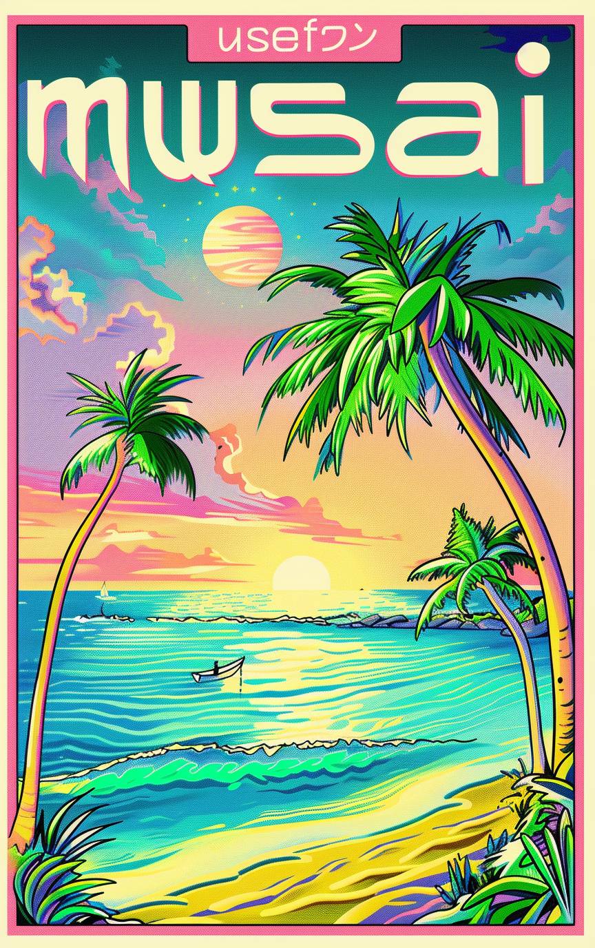 Cute cartoon beach, colorful Japanese poster, background is a ripple of gradation musical melody, title 'musesai' in bold psychedelic font at top of design, bright white neon colors, Japanese typography by K generics, colorful pastel palette with green accents, simple line art by Hiroshi Nagai, white border around all edges, high contrast