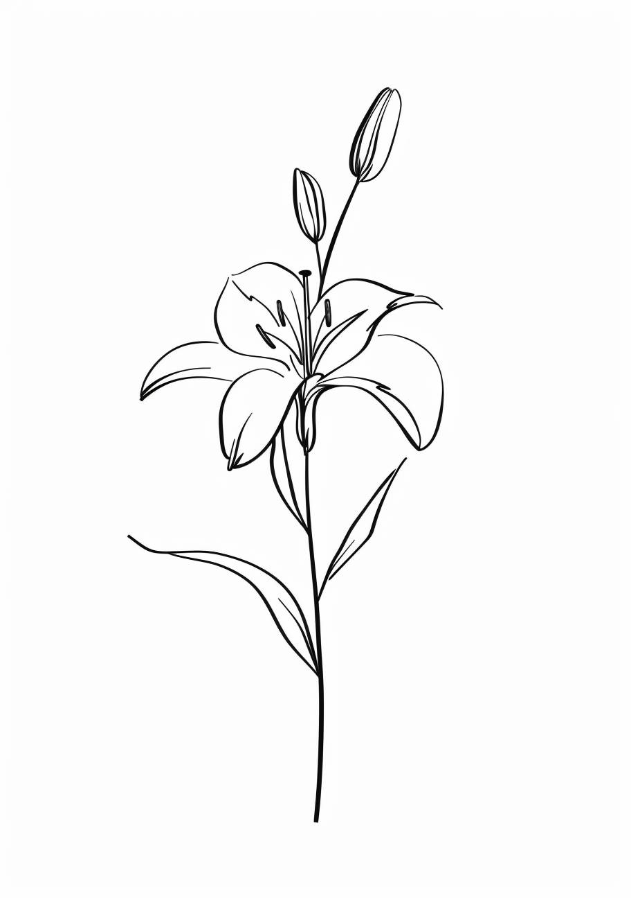 A single delicate flower tattoo design, outlined in thin black lines on a white background. The illustration features the silhouette of one small lily or daisy with its petals and stem, designed to be minimalistic yet elegant. This minimalist floral tattoo is suitable for a woman's skin, offering artistic expression while maintaining simplicity and beauty in the style of a minimalist artist.