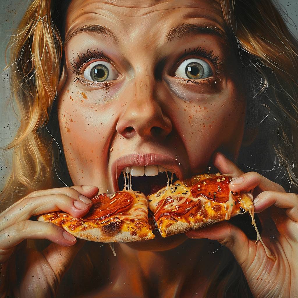 A woman taking a bite of pizza, her face filled with amazement, chewing, with food in her mouth, big eyes, looking excited and happy, quiet expression, photorealism, real life, real people, real woman.