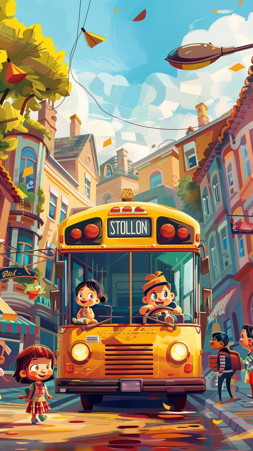 街の中央には黄色いスクールバスのイラストがあり、可愛らしい幸せそうな赤ちゃんたちと、ドライバーハットをかぶった女性の運転手がバスの中にいます。ピクサーのようなアニメーションスタイル、鮮やかな色彩、明るく可愛い雰囲気