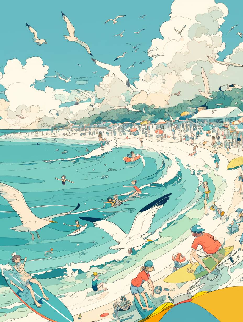 In the summer, there is an endless seaside with several girls surfing. There are huge linear beaches around and seagulls flying in the sky. The illustration is drawn with colored lines in a flat style, with green as the main color. The composition perspective is a top view, in the style of Van Gogh's painting.