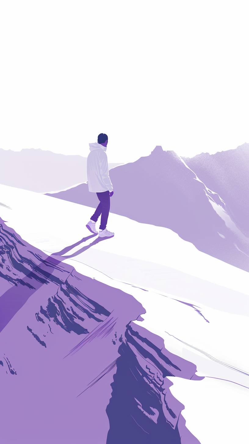 Hiker, in the style of minimalist illustrator, reinterpreted human form, iconic album covers, white and violet, stop-motion animation, elongated forms, flat illustrations
