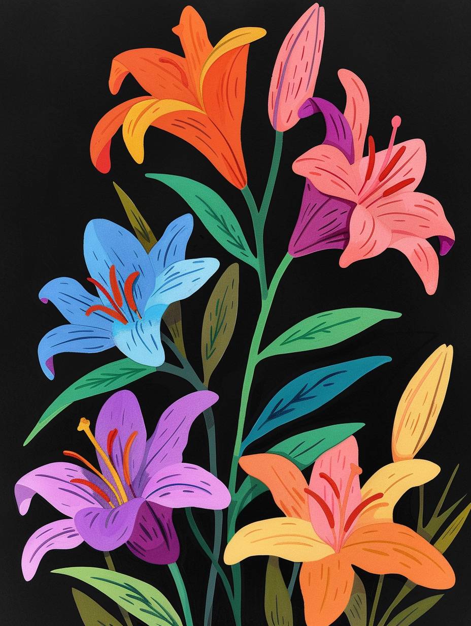 Matisse cutout lily flowers in the style of Garry McCoy, folk art-inspired line art illustrations, folk illustration, handdrawn elements, flat color blocks, gouache and ink painting, colorful woodblock print, black background, orange pink purple blue green yellow