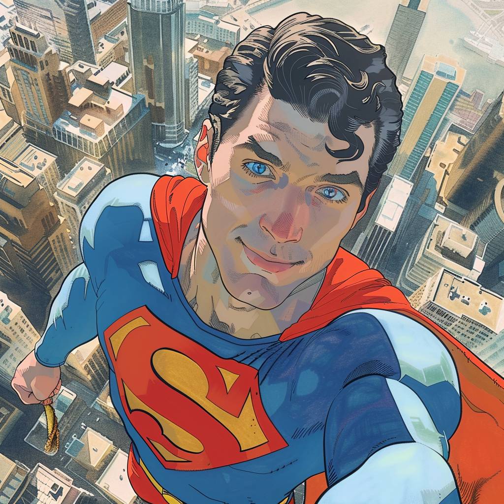 Comic book illustration, a selfie of Superman of DC comics, wearing the typical blue Superman costume with the red cape Metropolis city background, sunny day, DC comics, comic book style, highly-detailed