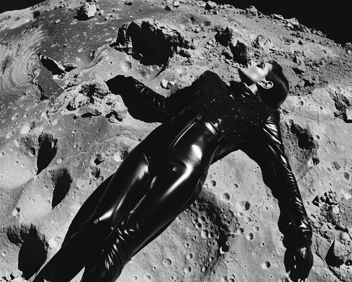 月面の白黒写真、石の質感の上に横たわる女性、黒いラテックスジャンプスーツを着て、寂しいレトロフューチャリスティックな雰囲気、ディテールが詳細な写真、ラテックスと月の対比