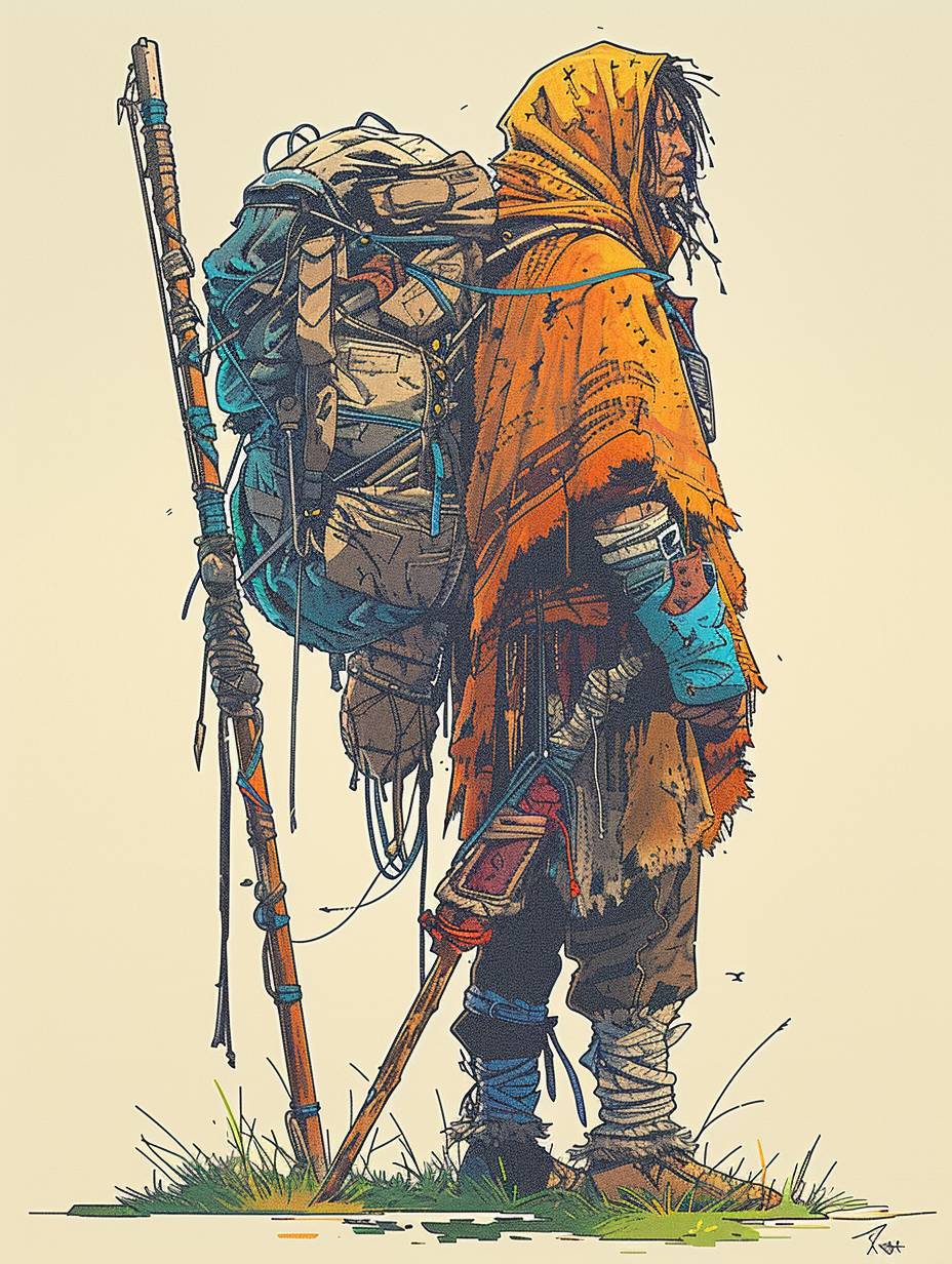 Concept art for a cyberpunk shaman wearing a cowboy hat. Over his shoulder he carries a rugged army backpack. His clothes and the backpack are patched with patterns of traditional Dakota textile designs.