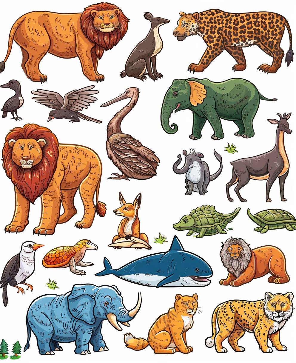 動物の塗り絵カバーページ、カートゥーンスタイル、低いディテール、鮮やかな色彩。