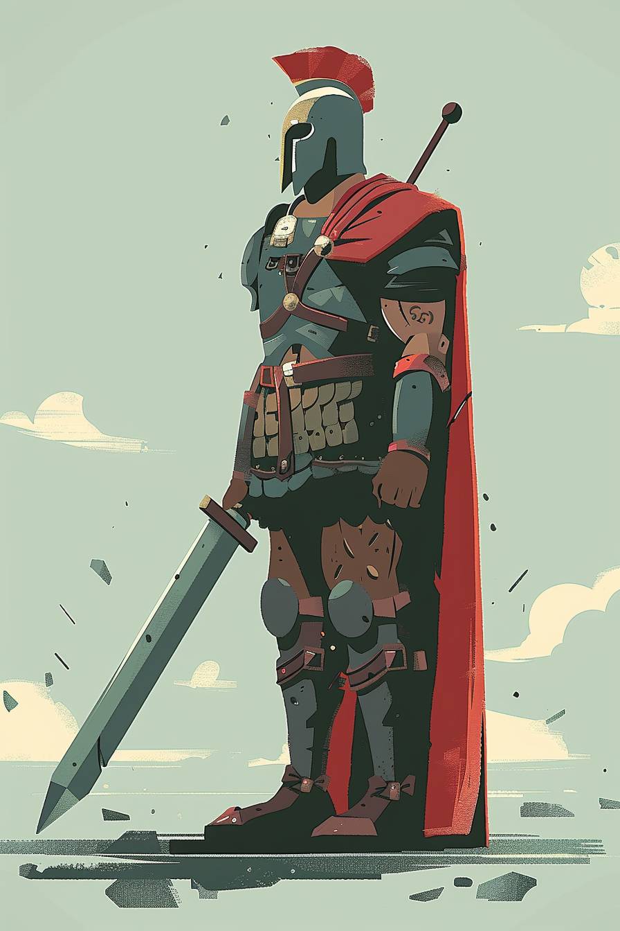 Warrior character in the style of Chris Ware, full body, flat color illustration