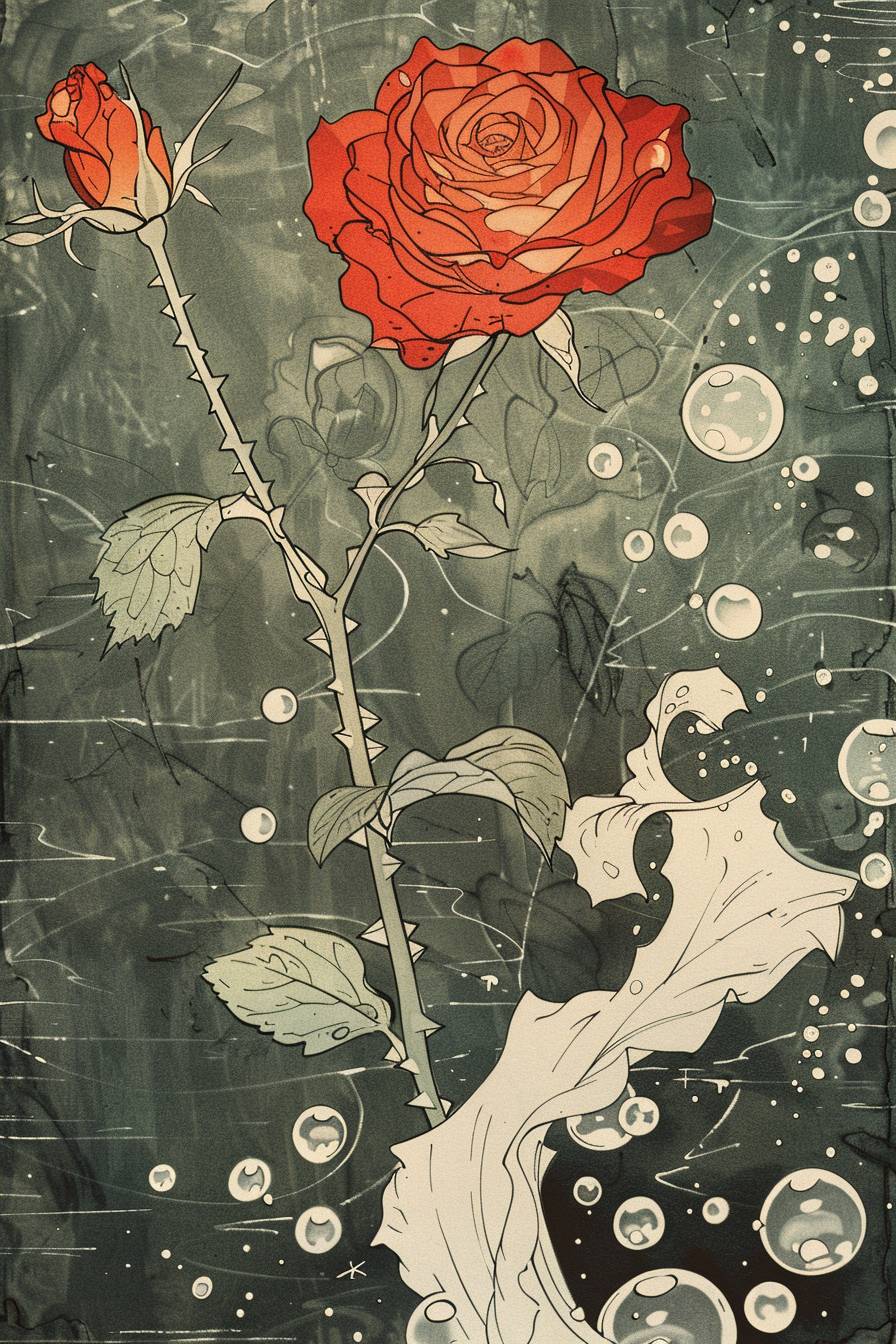 Border illustration with a blank center by Jean Giraud, whimsical, clean, 1970's drawing of a red rose crossing a white hibiscus, bubbles, heavy metal
