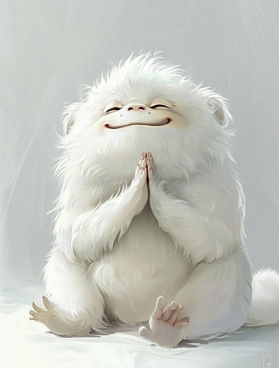かわいらしい白い体の太った猿で、笑顔でその目を閉じ、手を胸に合わせて祈りを捧げています。白く清潔な壁の背景。全身に白い毛が生え、白い耳と白い尾があります。アニメスタイルとピクサーアートスタイル。