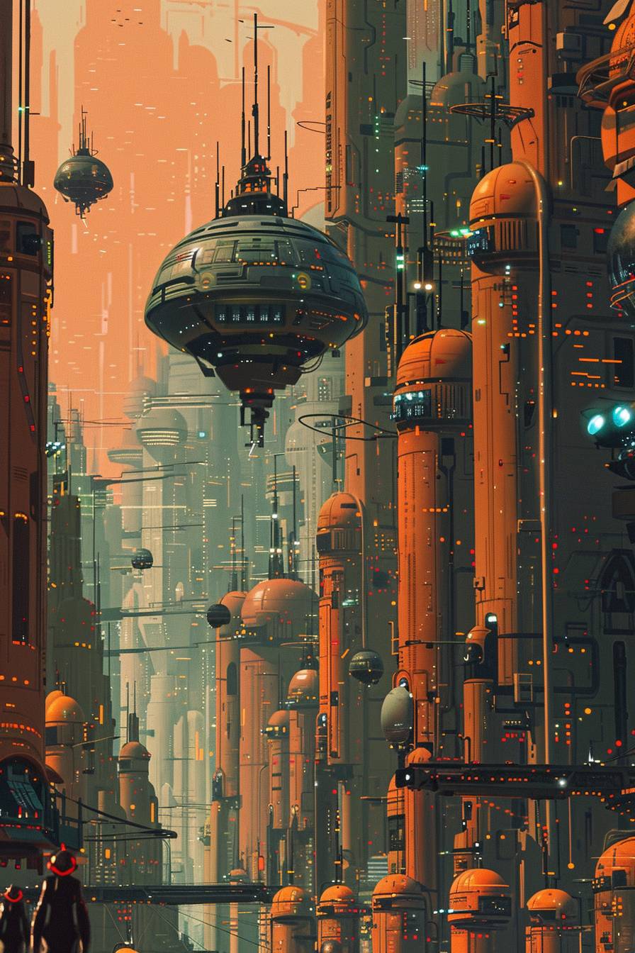 In the style of Dan McPharlin, a cybernetic metropolis bustling with androids --ar 2:3 --v 6.0
