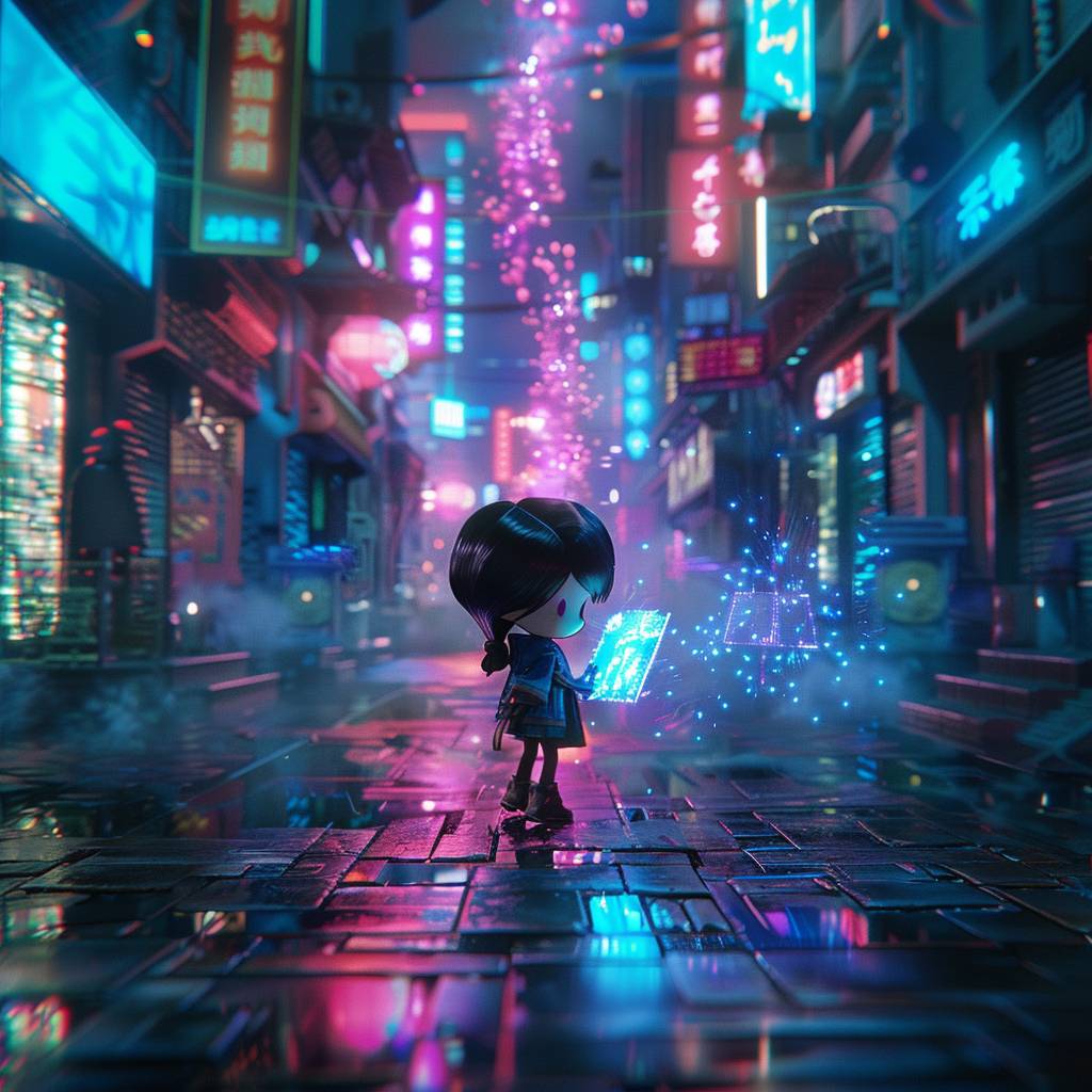 Stopmotion animation screengrab of a 3D chibi art style rendering of a small female mage. She is casting a spell from a holographic book. She is standing in the middle of a street of a neon-lit cyberpunk city.