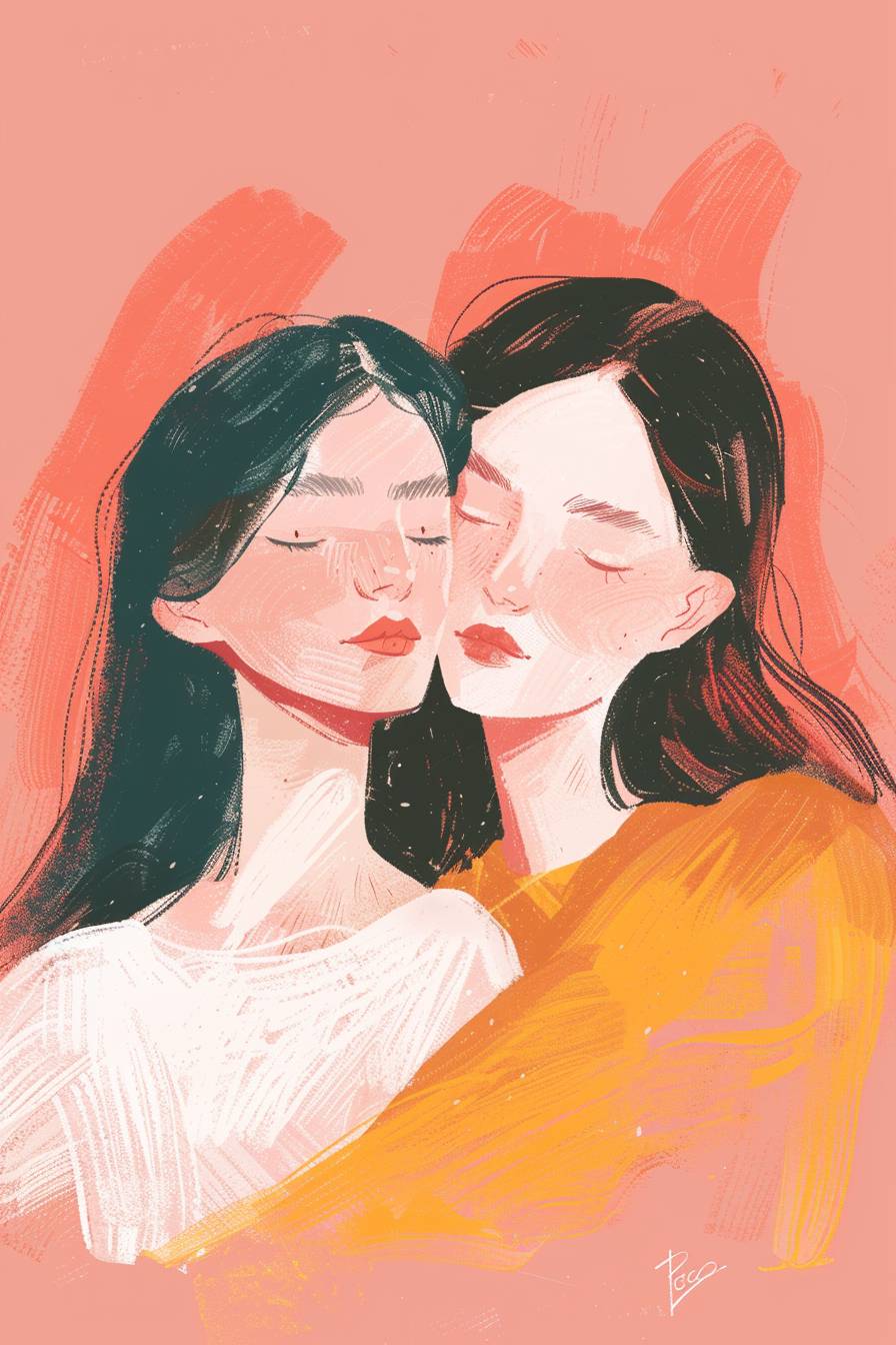 two women love each other, Cool illustration procreate, goache, strokes, pink background FCOFCO