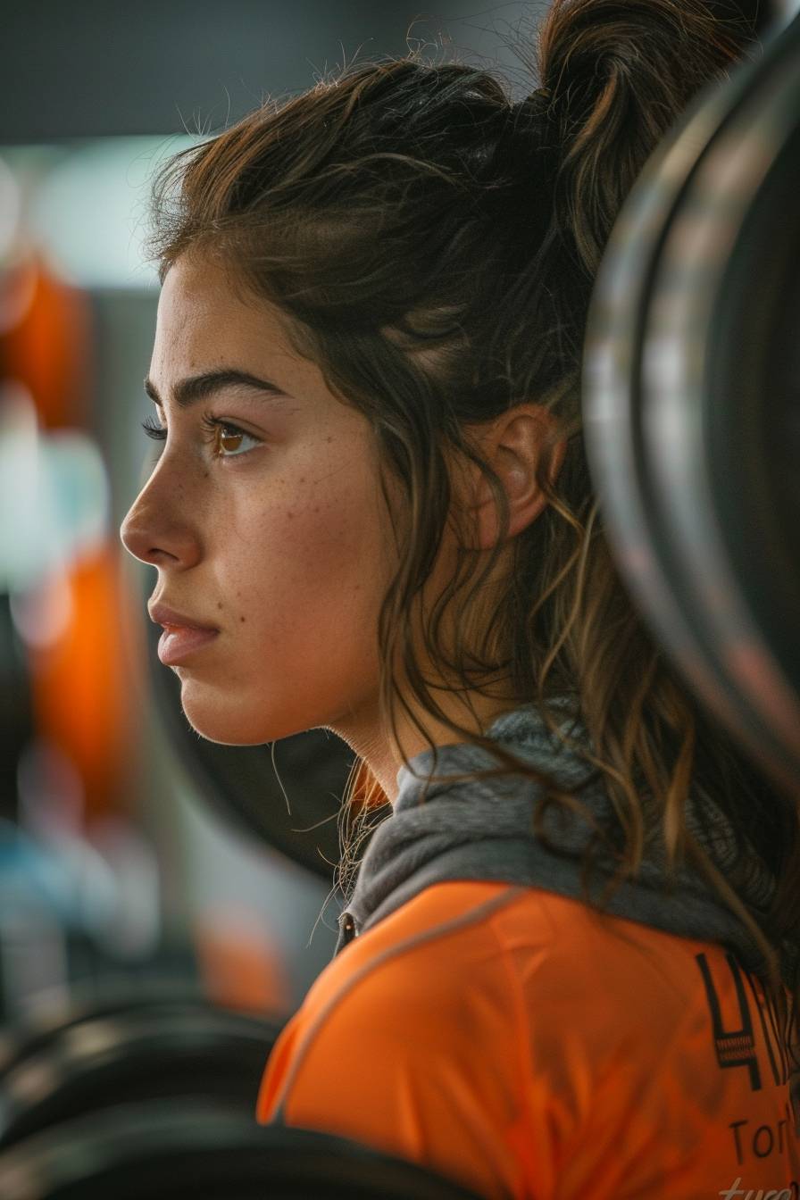 A woman is training with weights in a weight training gym. She is looking to the side with profile of the face showing. She is 25 years old and of Spanish descent. In the background, there are orange, black, and gray weight machines. The image is 4k, shot with natural ambient light using a Sigma sd Quattro H with a Sigma 24-70mm f-5.6 DG lens. It has versatile focal length, intensely detailed, crisp, smooth, and pure painting, natural lighting, sunlight, photorealistic, aperture f/2.8, ISO 800, and high depth of field with a 2:3 aspect ratio.