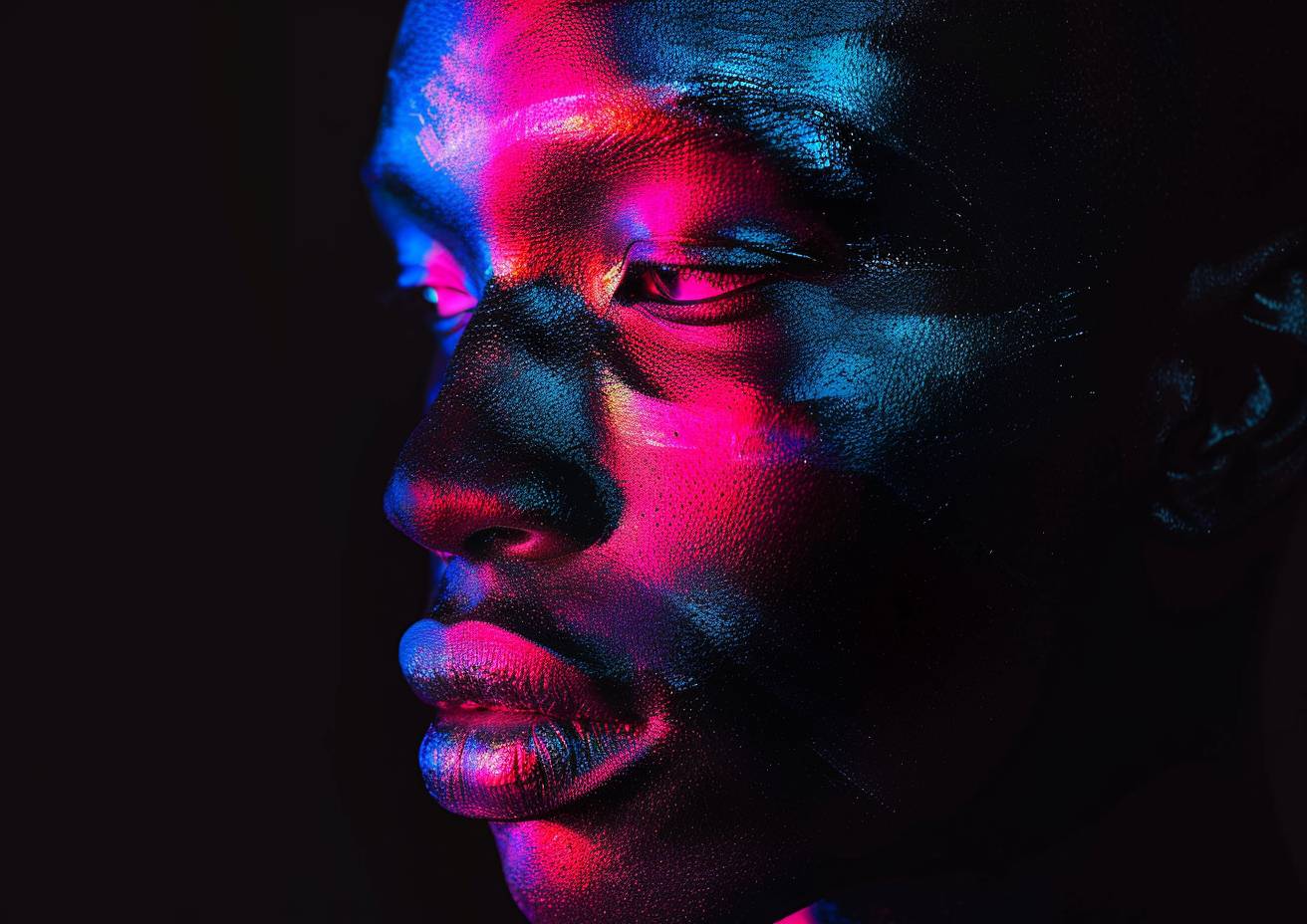 A portrait of [SUBJECT] in neon [COLOR] and deep black. Half of the face is dramatically illuminated by neon [COLOR] light, creating sharp shadows and a high-contrast effect, while the other half remains in deep shadow, against a minimalist black background --ar 7:5  --v 6.0