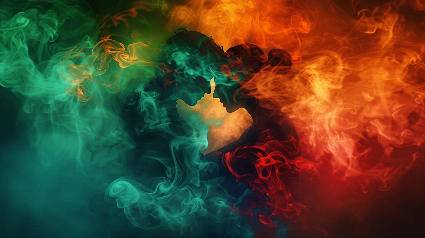 Smoke made of red, orange and green colors forming two embracing people in a colorful, digital art style