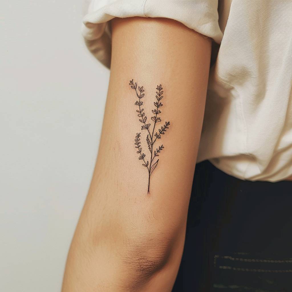 Minimalist lavender flower tattoo design, lines, minimal, black and white, white background