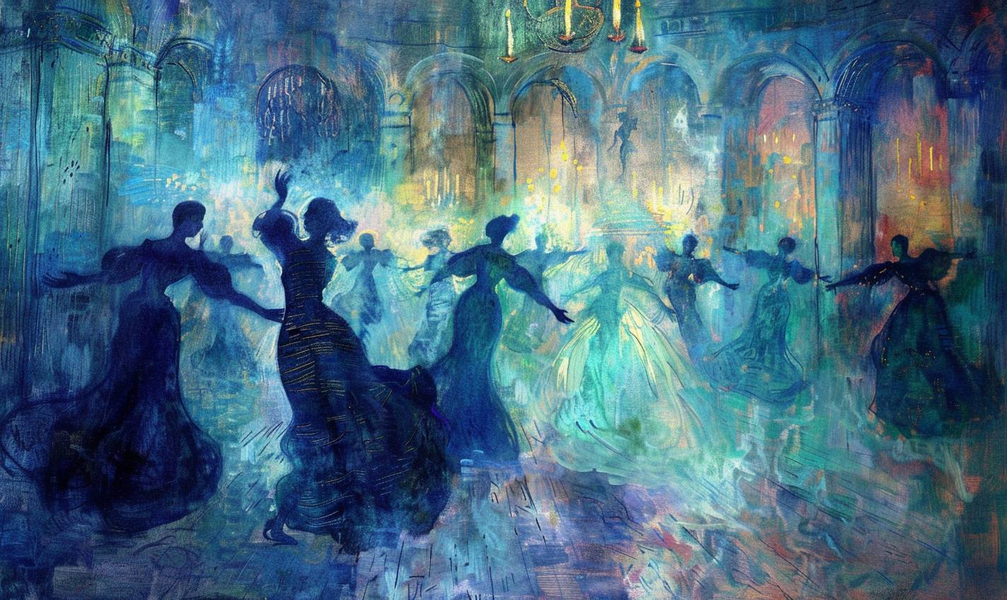 In the style of Vincent van Gogh, an ethereal ballroom with phantom dancers --ar 5:3  --v 6.0