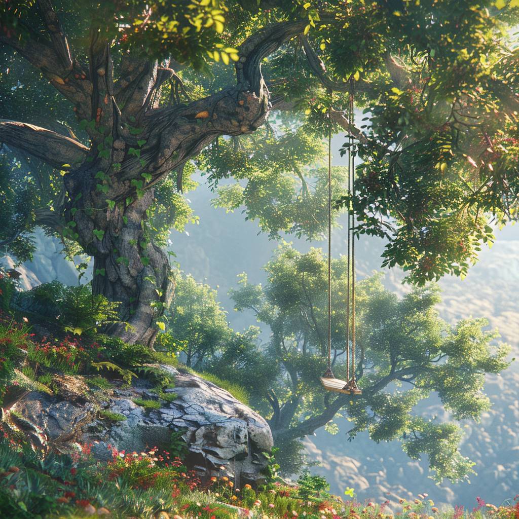 At the edge of a cliff stands a towering tree, its verdant leaves rustling gently. Hanging from one of its branches is a long swing, adorned with ivy and wildflowers, vibrant in color. The scene is captured in stunning 8K high definition, showcasing the vivid beauty of nature.