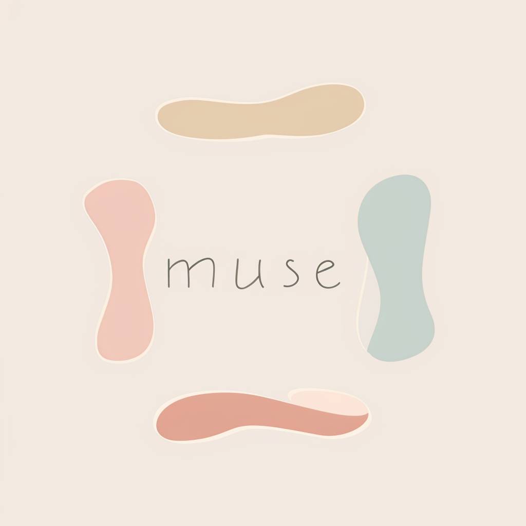 A simple 2D logo of 'muses', with a handwritten font and soft pastel colors, minimalist and playful. The background features a light pastel color with a simple abstract shape. The colors are soft pastels, with delicate highlights. Created Using: flat design, 2D pastel colors, playful elements, HD quality - aspect ratio 1:1 - version 6.0