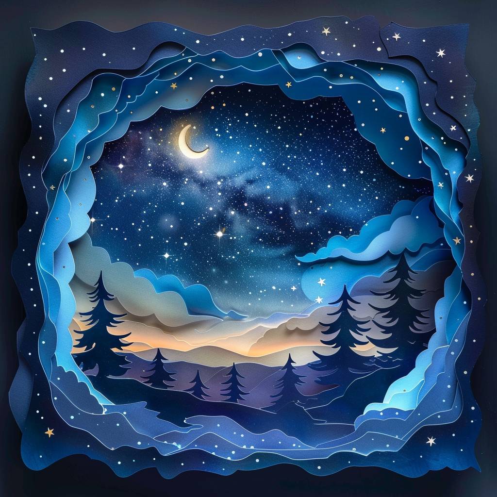 A kirigami of a beautiful night with milky way, starry sky, moon, dreamy wallpaper