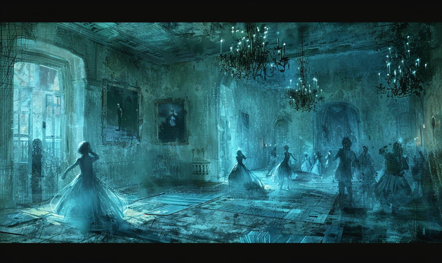 In the style of Vincent van Gogh, an ethereal ballroom with phantom dancers --ar 5:3  --v 6.0