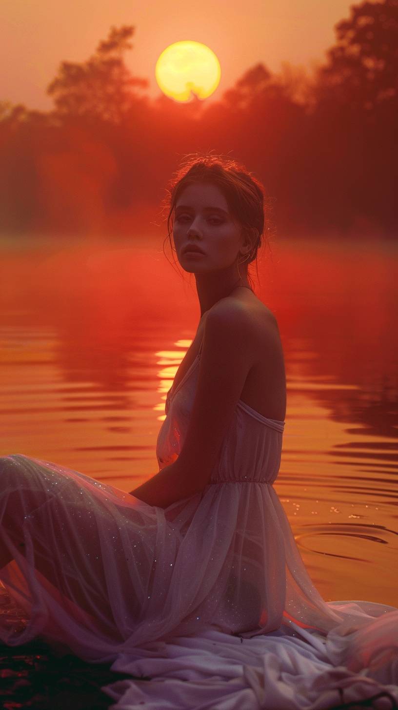 A pretty young woman sits by the misty lake at dusk, looking at the camera, wearing iridescent satin under the glaring red sun, exuding ethereal light, a masterpiece cinematography.