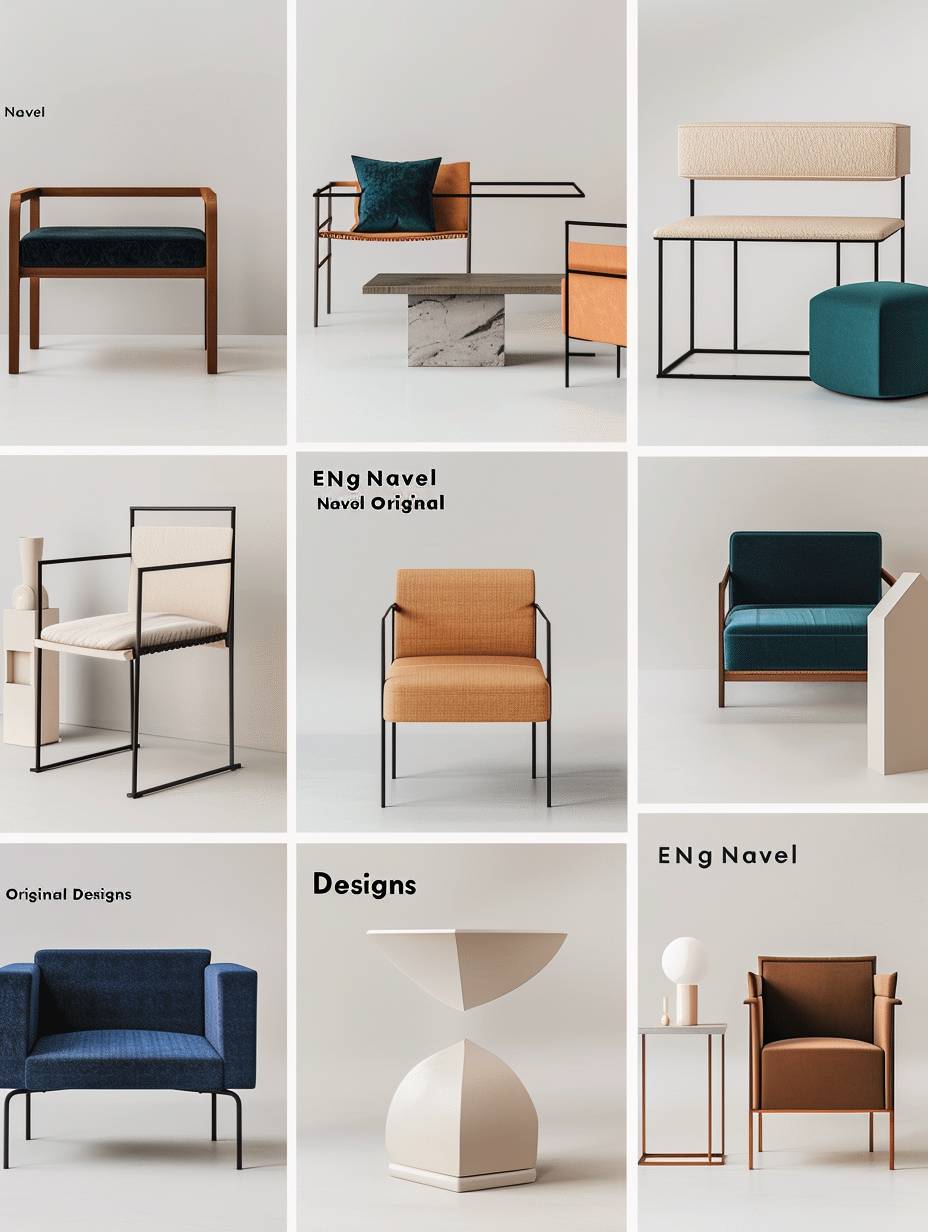 A collection of minimalistic and modern furniture brand logo designs with the text 'ENygNavel Original Designs' displayed in multiple poses, featuring various colors and materials including leather, wood, marble, metal, fabric, teal green, black, brown, white, cream beige, grey and blue tones. The designs include a sofa, coffee table, side tables, dining chairs, armchairs, accent lighting, and accent elements such as glass or ceramic surfaces. Each element is isolated against a neutral background in the style of modern designers.