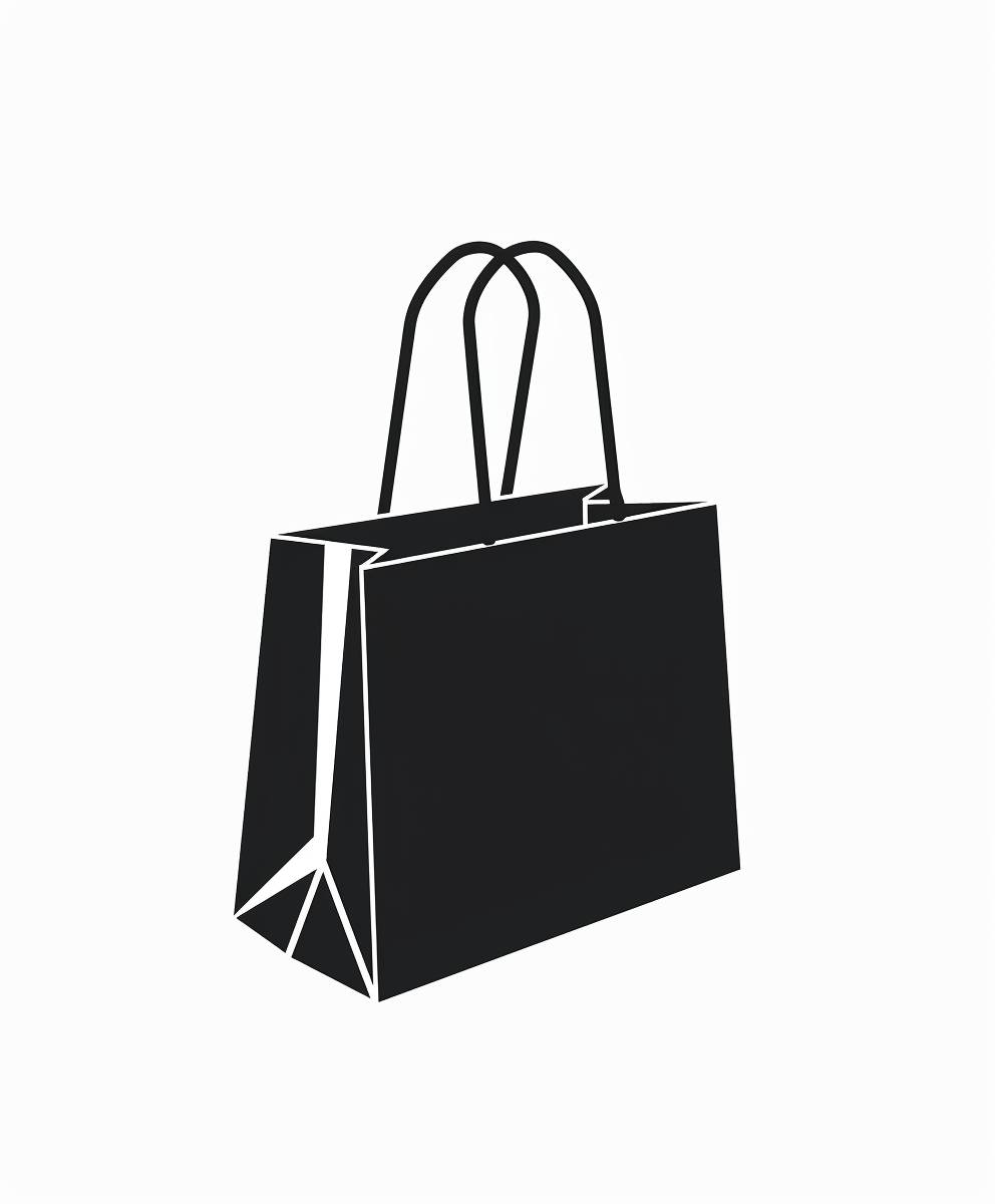ショッピングバッグのアイコン、白黒のカラー、大きな幾何学的形状で構築された、アイソタイプ、ミニマリスト、シンプル、フラットデザイン、2D
