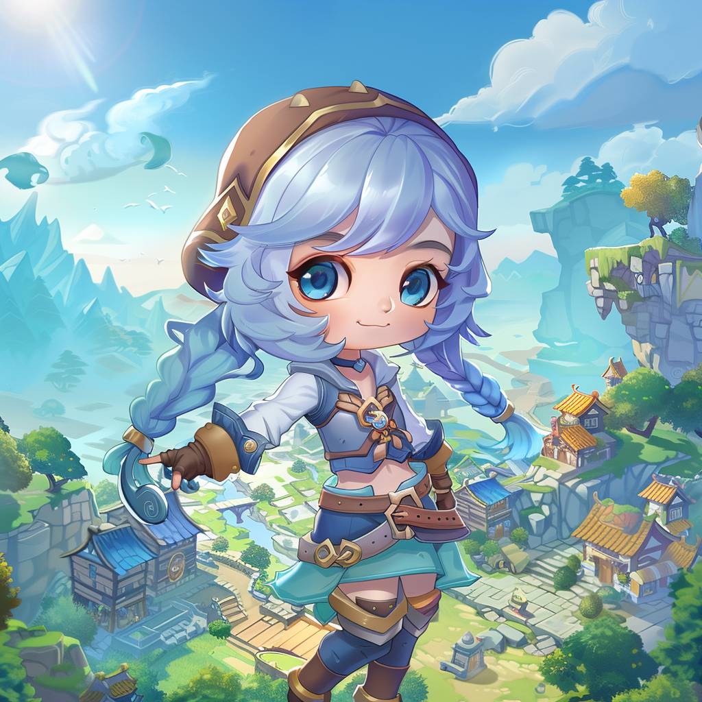 Chibi style, [character description] style, cute background, 2D game art, high resolution, in focus, [background], anime style, dynamic pose, game cover