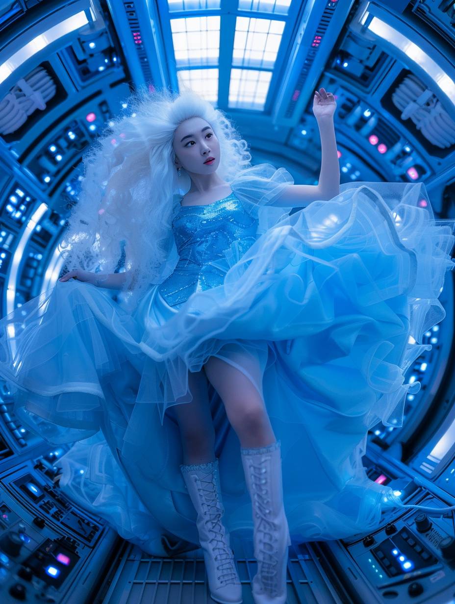 白髪のアジア人女性の写真で、ふわふわとした雲のようなヘアスタイルで、アイスブルーのドレスとブーツを着用し、入忍した複雑な照明の宇宙船内にいます。