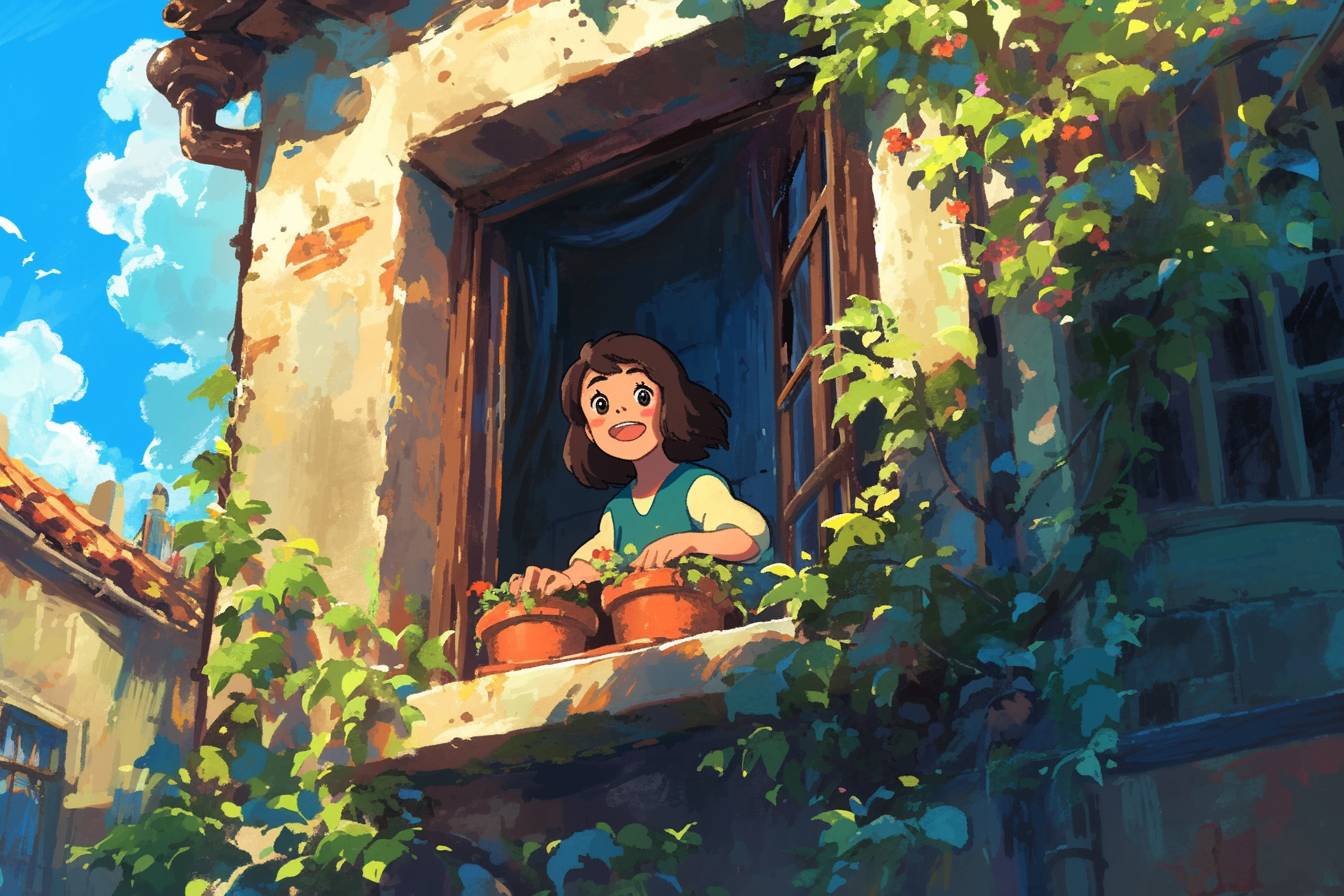 Girl opening the window over a medieval village, sunlight streaming in, best quality, masterpiece, style of Studio Ghibli by Hayao Miyazaki --niji 6 --aspect ratio 3:2