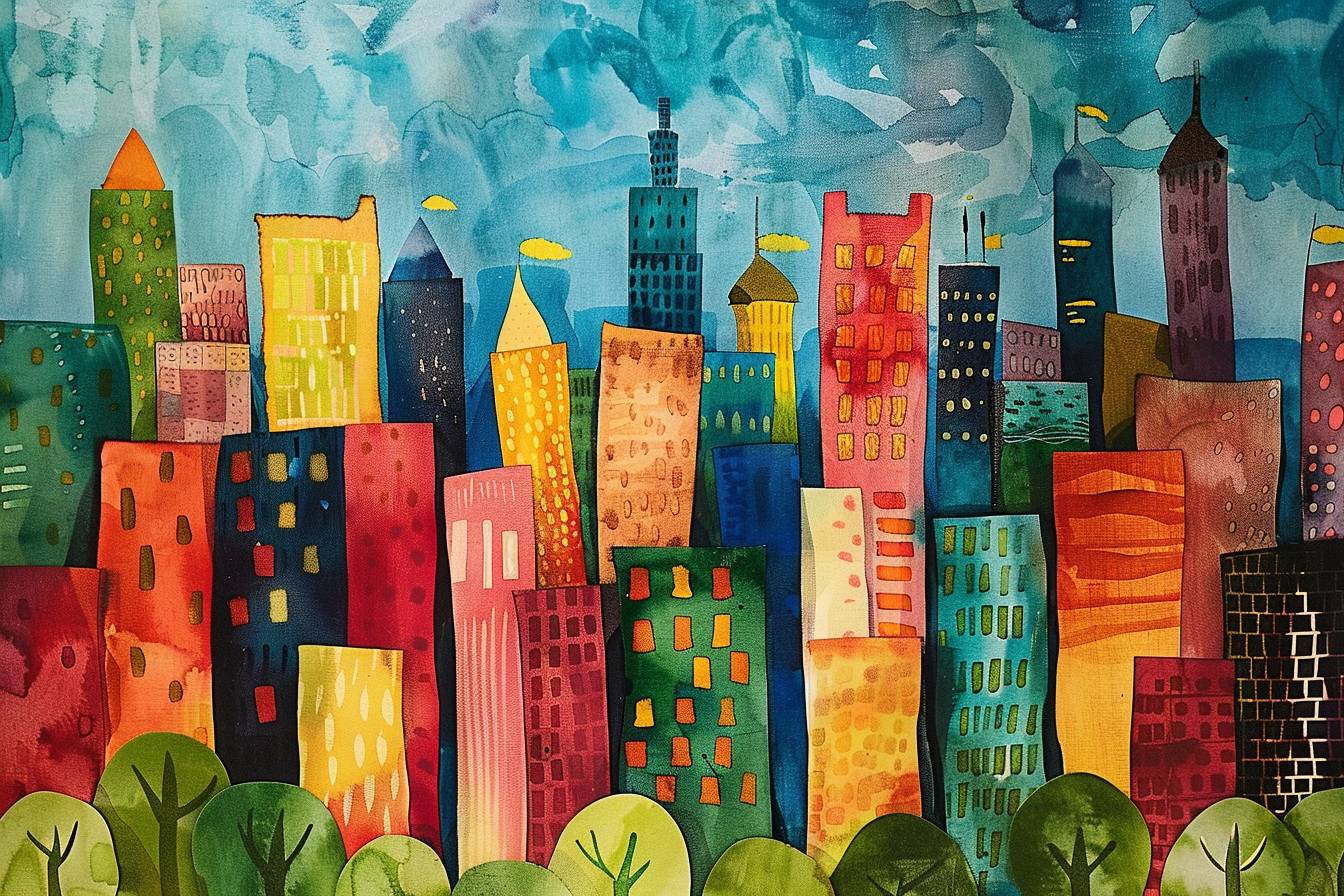 In style of Eric Carle, city landscape