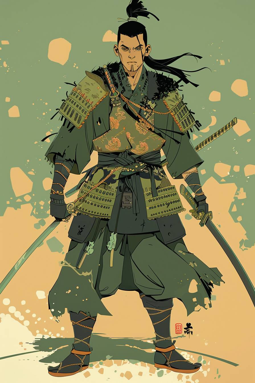In the style of Gene Luen Yang, warrior character, full body, flat color illustration