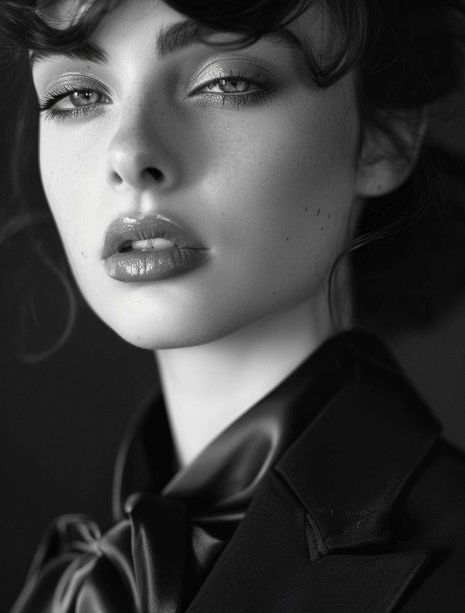 A headshot of a young woman clad in a black suit, captured in a classic black and white photography style, emphasizes her refined features under soft studio lighting. This portrait, defined by its subtle use of soft shadows, crafts an interplay of light that delicately frames her face, accentuating her expression and the tailored lines of her suit. The choice of monochrome tones enhances the sophisticated and timeless feel of the image, focusing on the depth and nuances brought forth by the soft lighting technique. This setup is perfect for conveying the subtle elegance and poised atmosphere of traditional studio portraiture.