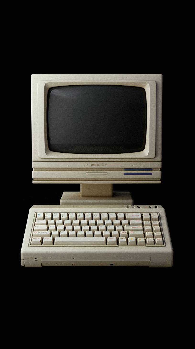 An old-school PC from the 90s with design software on it. A separated object viewed from the front on a black background.