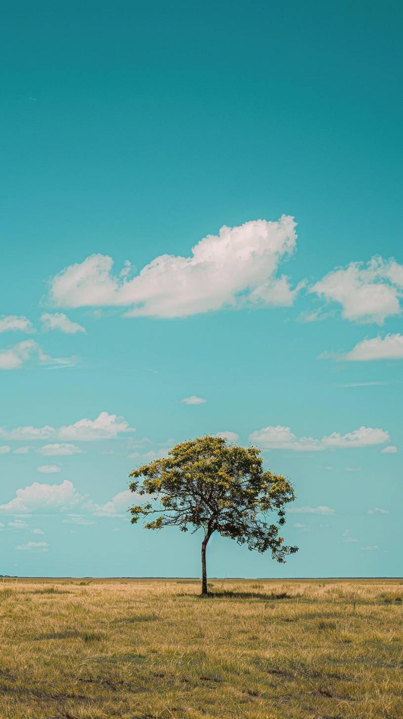 「生気あふれる虚空」の中で、広大な平野に一本の孤立した木があり、生き生きとした葉緑と空虚感を並置して、空を彷彿とさせる青と葉緑を使っています。--スタイルは生の --アスペクト比9:16  --バージョン6.0