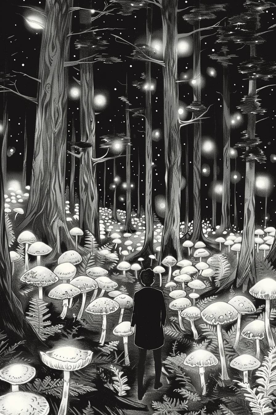 In the style of Apollonia Saintclair, Enchanted forest with glowing mushrooms