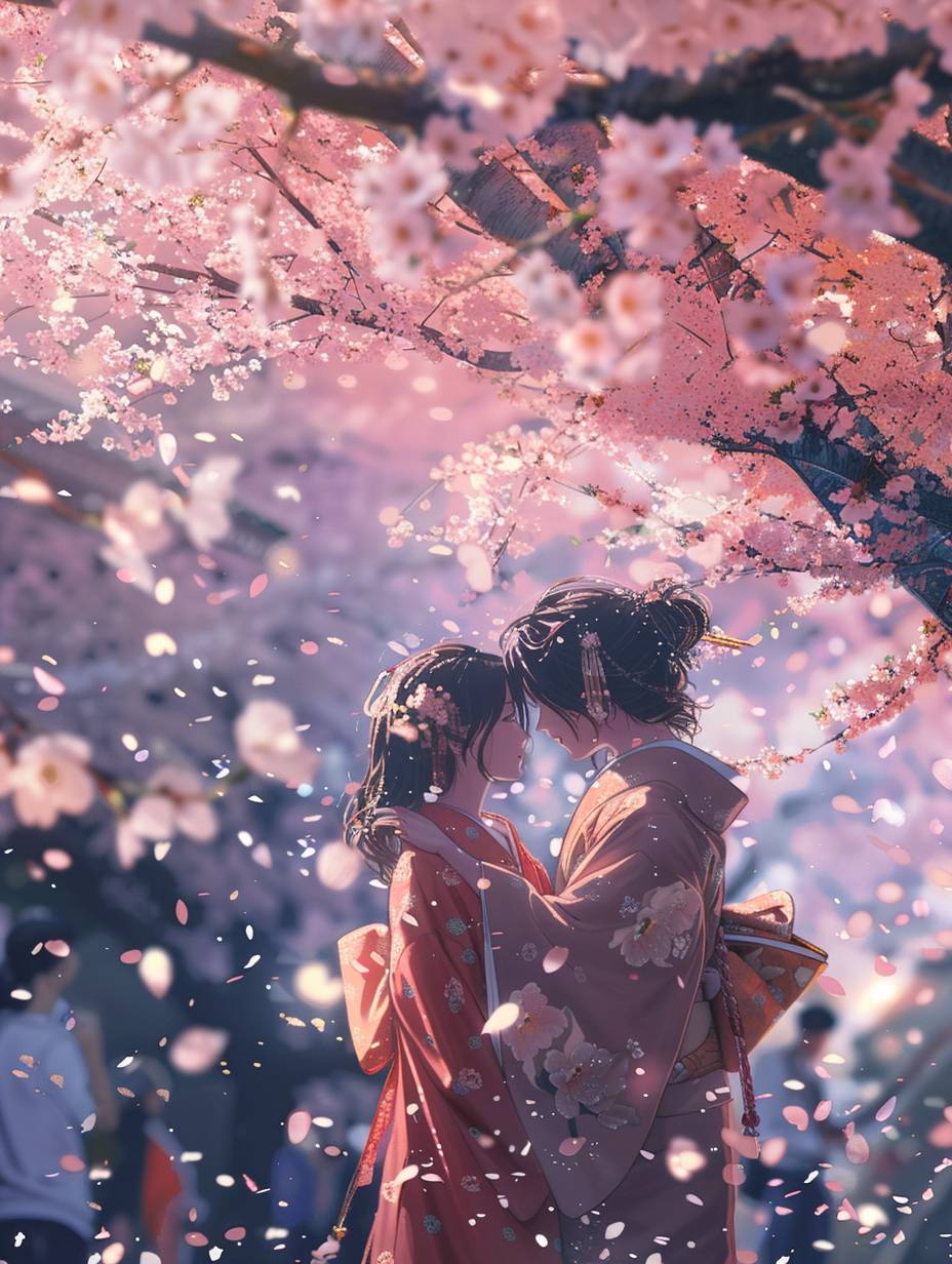 Two anime characters share a tender moment beneath a canopy of cherry blossoms in full bloom, petals drifting around them