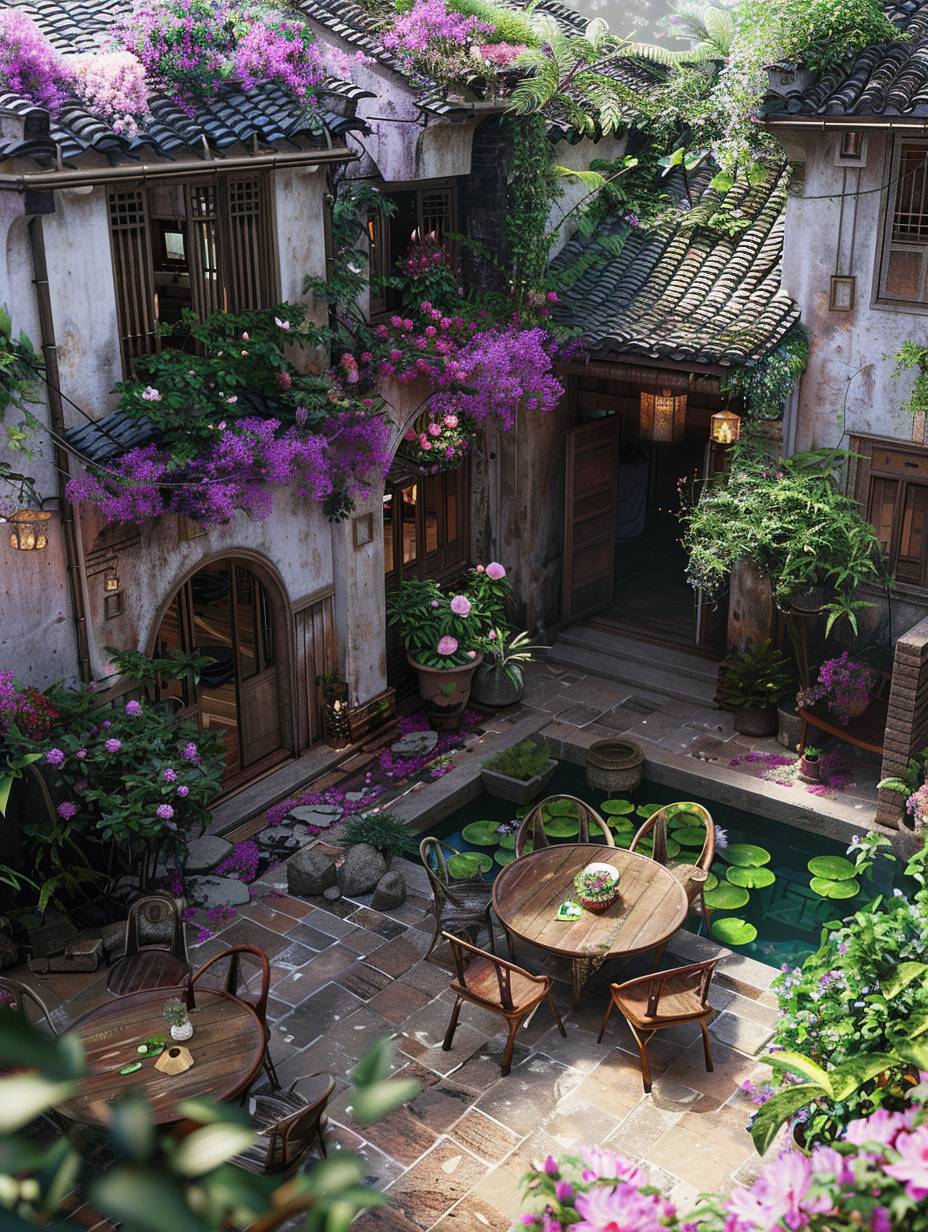 A dream of a small house in an ancient Jiangnan town, with a courtyard featuring a stone brick floor and a water lily pond. Tables and chairs are placed on the edge of the pool, surrounded by blooming purple petunias and pink roses, with green plants planted inside, overlooking with a bird's eye view. The style is raw.