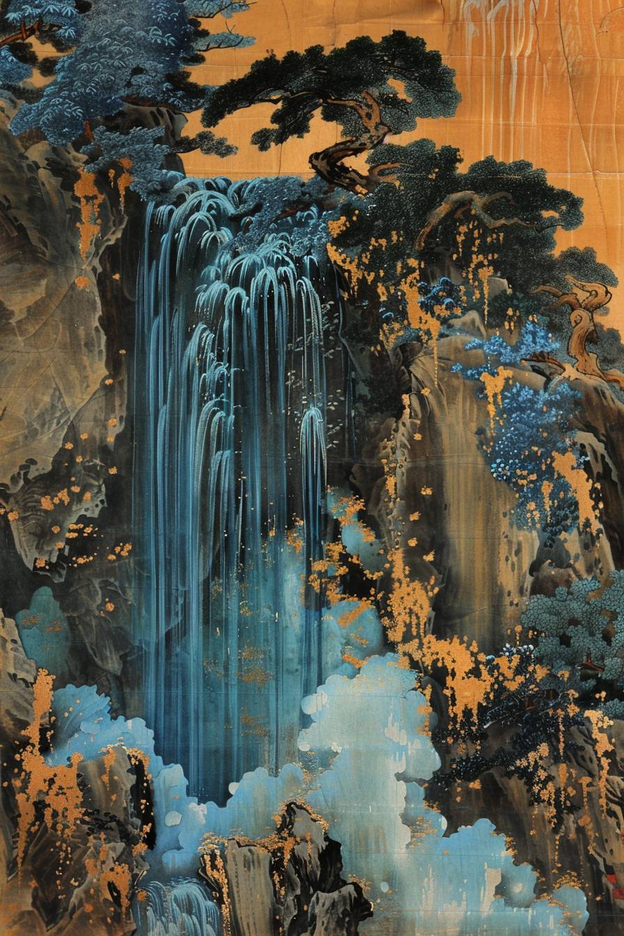 In the style of Utagawa Kuniyoshi, a mystical waterfall cascading in a hidden grove