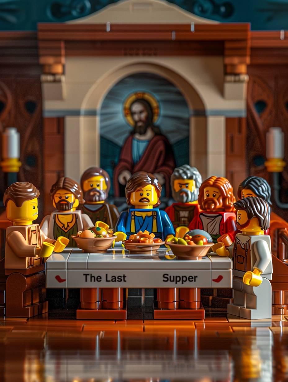 Integrate the tiny LEGO adventurer into Leonardo da Vinci's 'The Last Supper' artwork. Ensure that the LEGO adventurer is dining together with Jesus and the disciples depicted in the painting. Provide appropriate proportions and sizes for both the LEGO adventurer and the figures in the artwork. Add details that allow the LEGO adventurer to interact with the figures in the painting, for example, they can sit together at a LEGO dining table and communicate using LEGO food. Pay attention to maintaining the original style and atmosphere of the artwork. Ensure that the colors, lighting, and shadows match the painting. Finally, add a LEGO-style background to the entire scene to further integrate the LEGO elements.