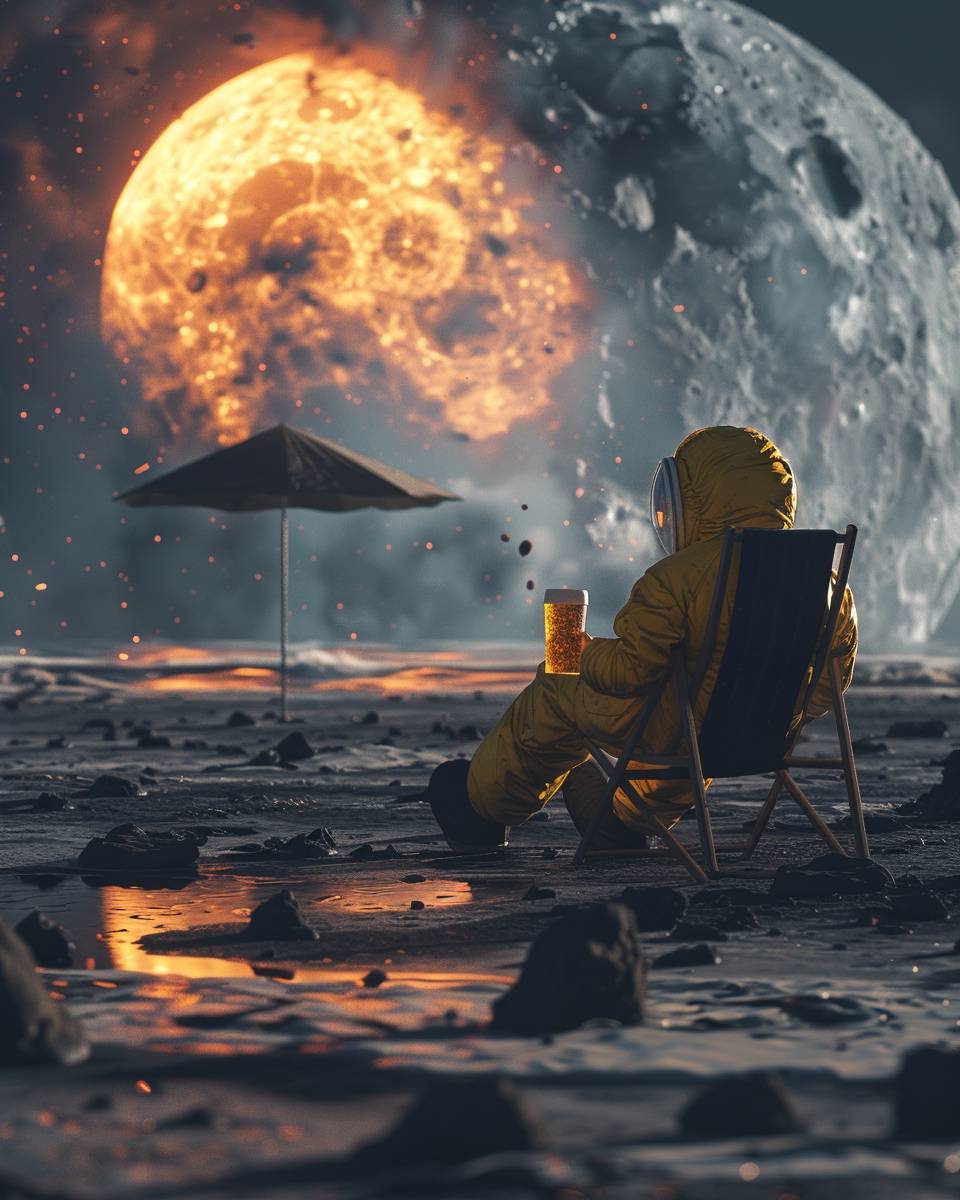 ヘーゼマットスーツを着た人が黒と青の月の表面にあるビーチチェアに座り、ビーチ傘とビールを持ち、爆発する地球を眺める、3Dレンダリング、シネスティル