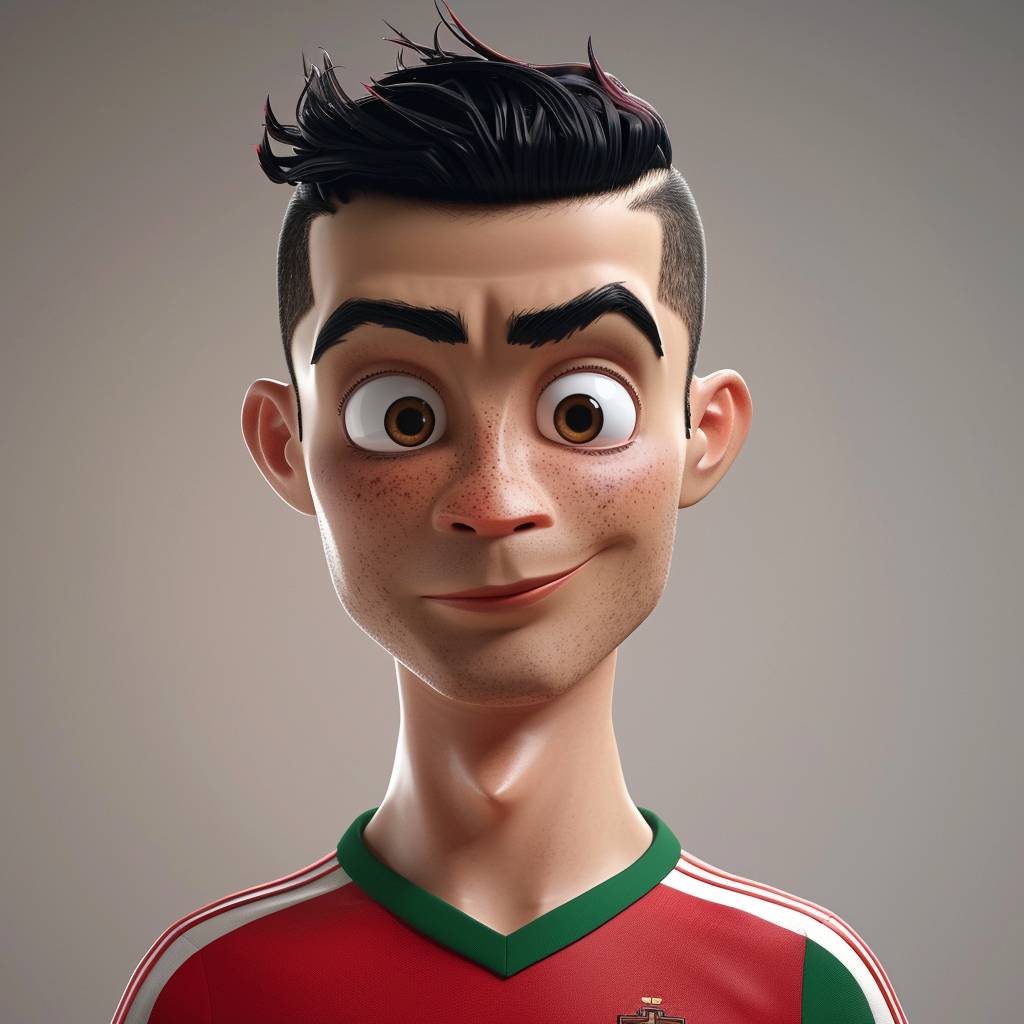 Cristiano Ronaldo, front, wearing football jersey, 3D Pixar and Disney style, simple clean background