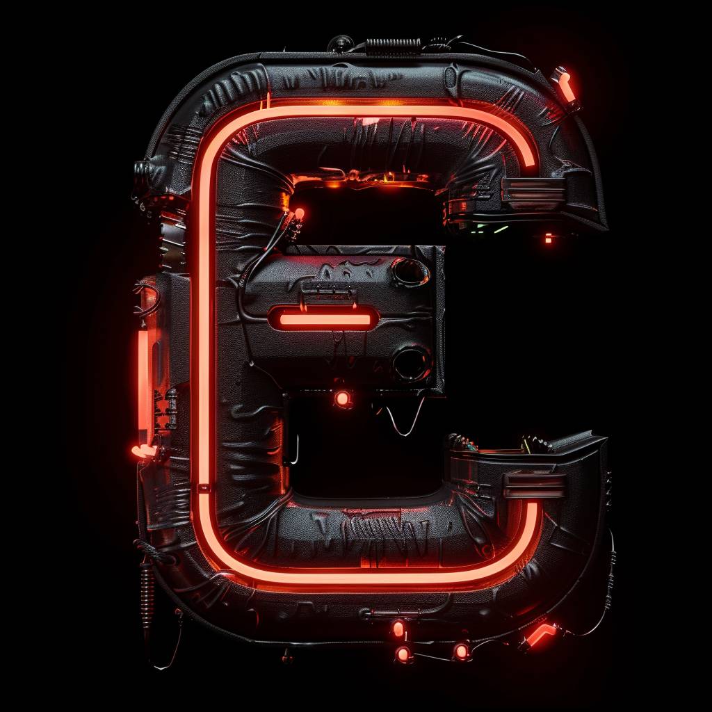 Eの文字、革、革で作られ、サイバーパンクな雰囲気で、暗い黒い背景に囲まれ、ネオンライトで作られ、黒い背景