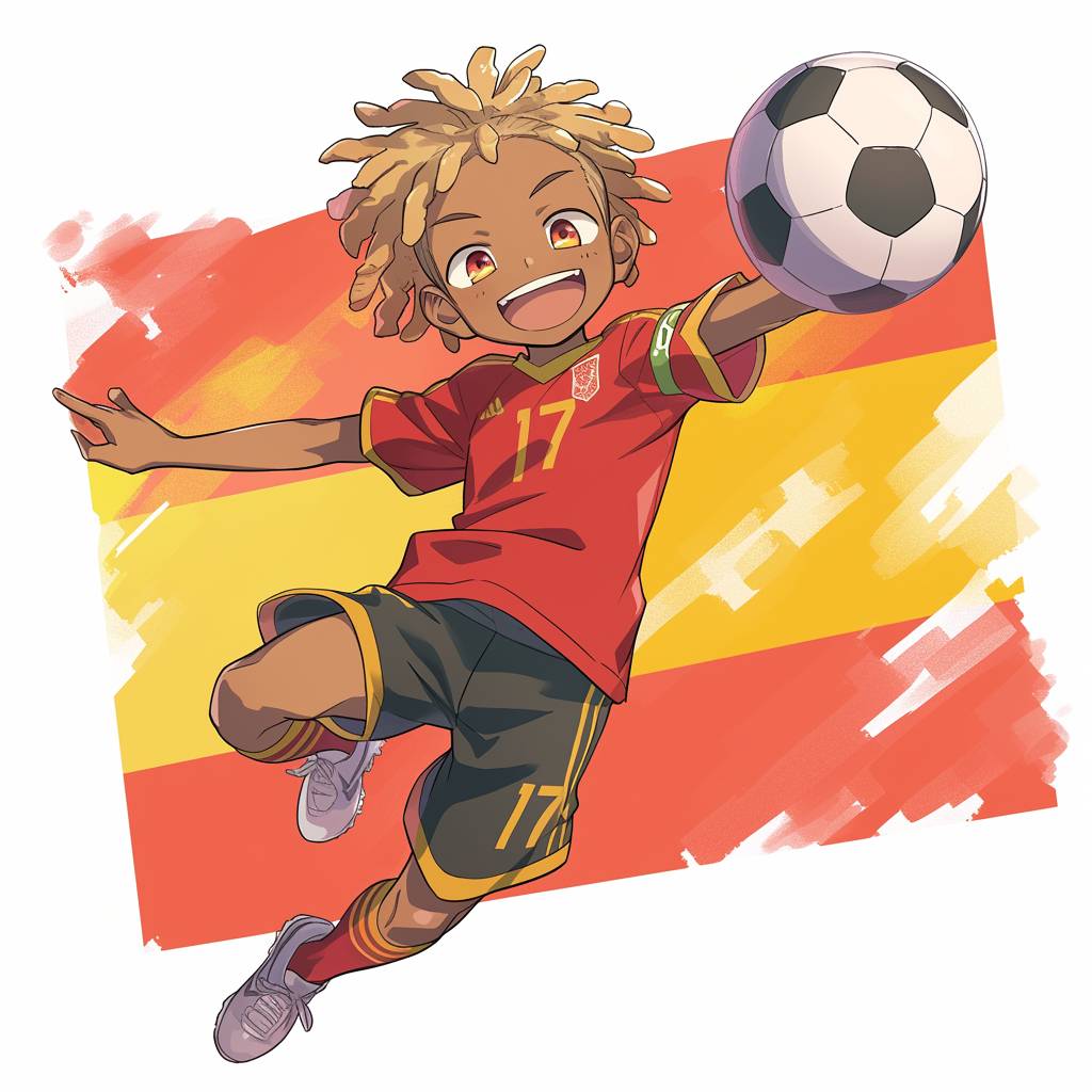 A cute anime male character wearing the Spanish national team jersey with number '17' playing football. The background is an illustration of Spain's flag. He is black and has afro hair with blond dreadlocks. His expression shows joy as he celebrates after kicking into high view for their goal. In the style of anime, Japanese manga, full body shot.